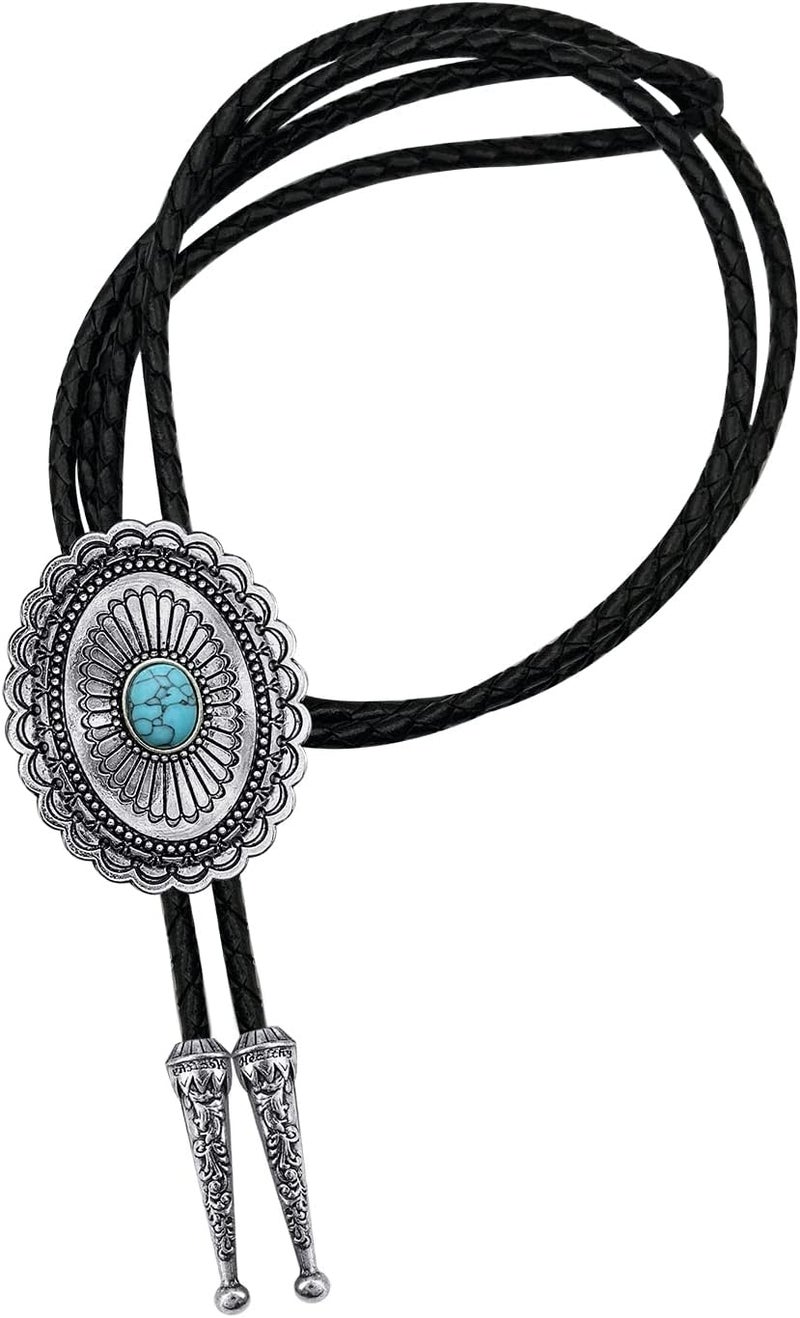 YOQUCOL Vintage American Western Cowboy Indian Art Stone Genunie Leather Bolo Tie For Men Women - Image 1